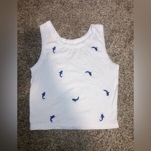Source Unknown White Crop Top with Blue Whale Embroidery